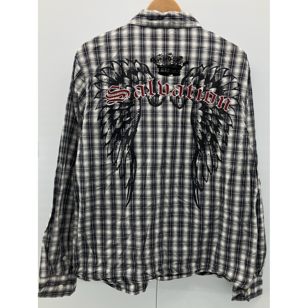 Elite MMA Plaid Button Down Men's Shirt Size XL Gray Black White Back Embroidery
